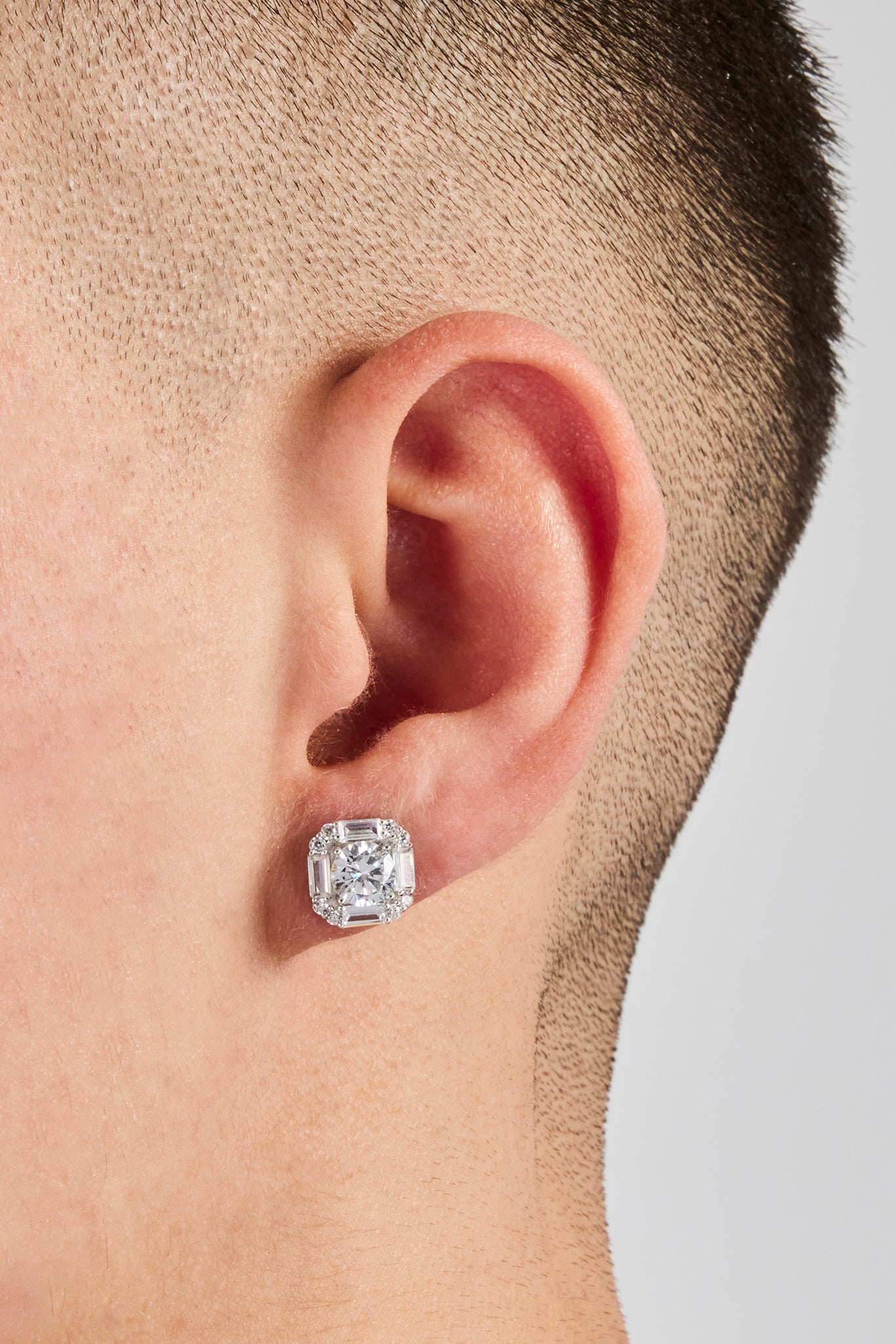 Sterling Silver Iced CZ Baguette Square Stud Earrings - 10mm